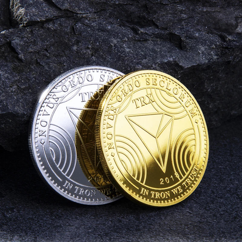 Pièce TRON Pièce TRX Pièce cryptographique en métal plaqué or et argent avec étui en plastique Pièce commémorative Collection d'art Cadeau