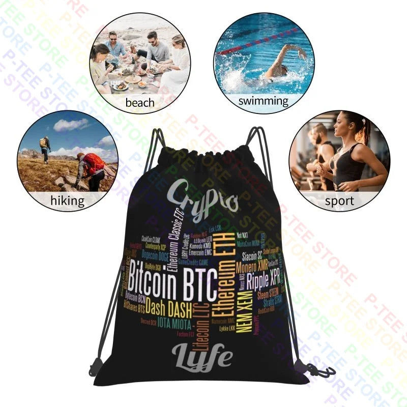 Crypto Lyfe Deluxe Bitcoin Etherium Doge Coin Drawstring Bags Gym Bag Fashion Schoolbag Gymnast Bag Bags For Travel