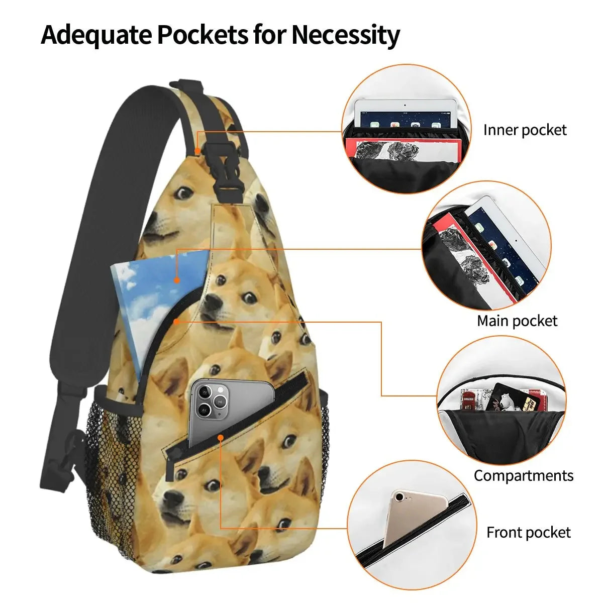 Doge  Pattern Shiba Inu Hiking Daypack Shoulder Bag