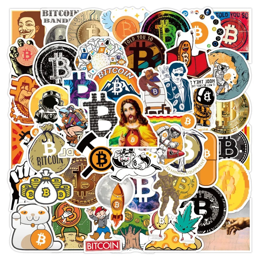 10/30/50PCS Bitcoin Moneda virtual encriptada BTC Pegatinas de grafiti de dibujos animados Equipaje Guitarra Patineta Calcomanía divertida para niños