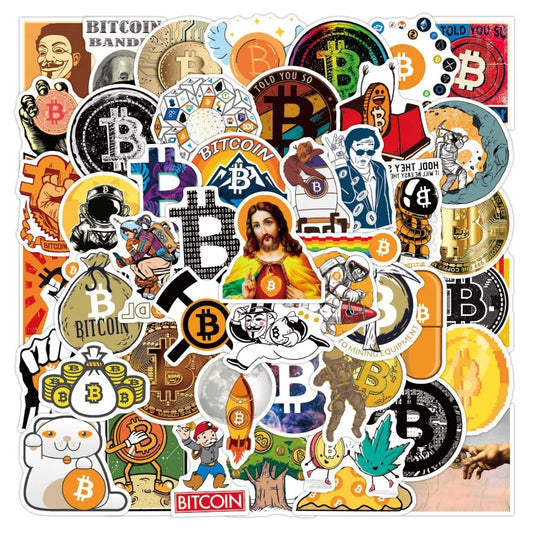 Lot de 10/30/50 autocollants de dessin animé en forme de graffiti, monnaie virtuelle cryptée Bitcoin BTC, pour bagages, guitare, skateboard, amusant pour enfants