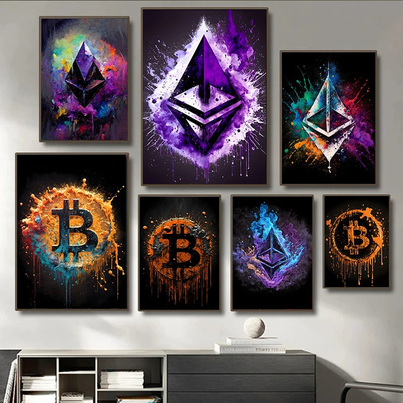 Modern Splatter Bitcoin Ethereum Poster ETH BTC Crypto Virtual Coins Canvas Painting Wall Art Prints Office Room Home Decor