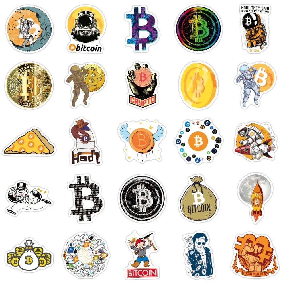 10/30/50PCS Bitcoin Moneda virtual encriptada BTC Pegatinas de grafiti de dibujos animados Equipaje Guitarra Patineta Calcomanía divertida para niños