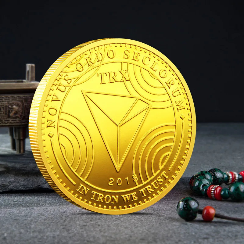 TRON Coin TRX Coin Gold, Silver Plated Physical Metal Crypto TRX Coin with Plastic Case Commemorative Coin Art Collection Gift