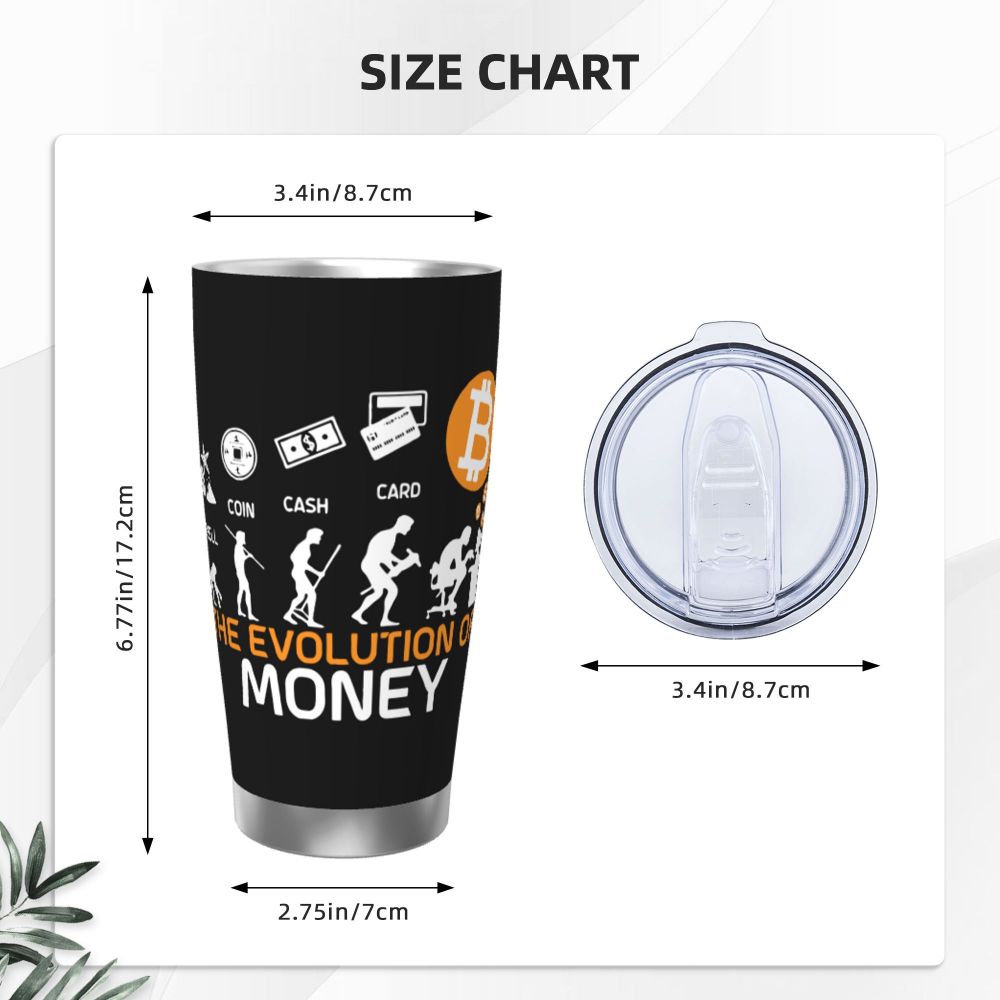 La evolución del dinero Vaso de Bitcoin Vasos de café con criptomonedas con aislamiento al vacío Botella de agua Tazas de viaje al aire libre