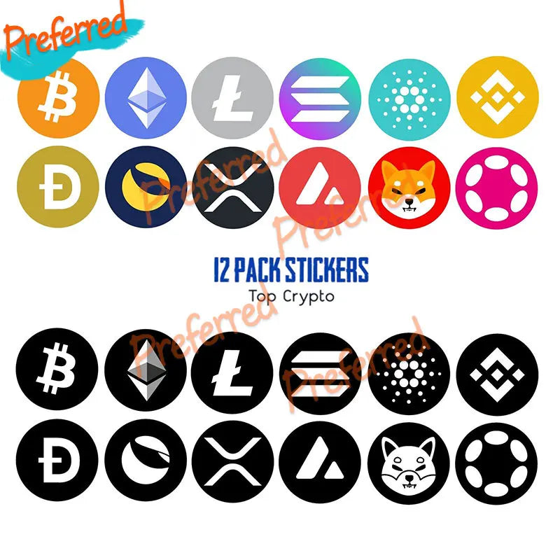 12 Pack Top Crypto Stickers Bitcoin XRP Cardano Doge ETH Car Stickers Cryptocurrency Decals Motorcycle Car Racing Vinyl Decals