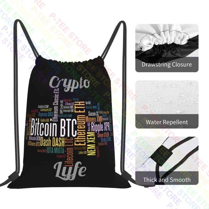 Crypto Lyfe Deluxe Bitcoin Etherium Doge Coin Drawstring Bags Gym Bag Fashion Schoolbag Gymnast Bag Bags For Travel