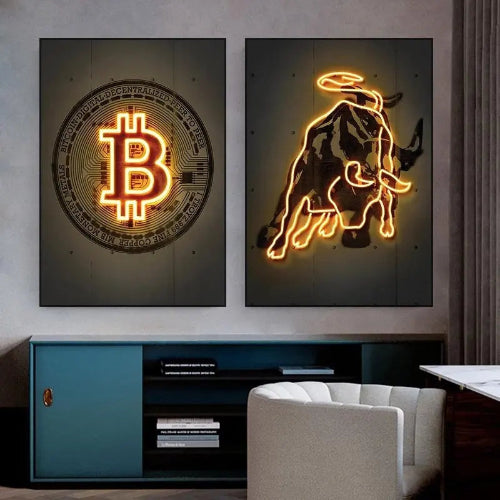 Neon Bitcoin Bull Crypto Gold Wall Art