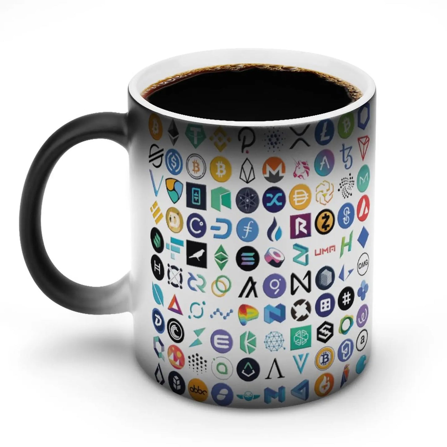 Taza con logotipos de criptomonedas Bitcoin Chainlink Token Crypto Geek Investor Cafe The 