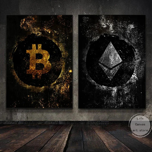 Abstract Bitcoin & Ethereum ETH BTC Cryptocurrency Crypto Gold Silver Art Poster Canvas Painting Wall Prints Picture Home Decor