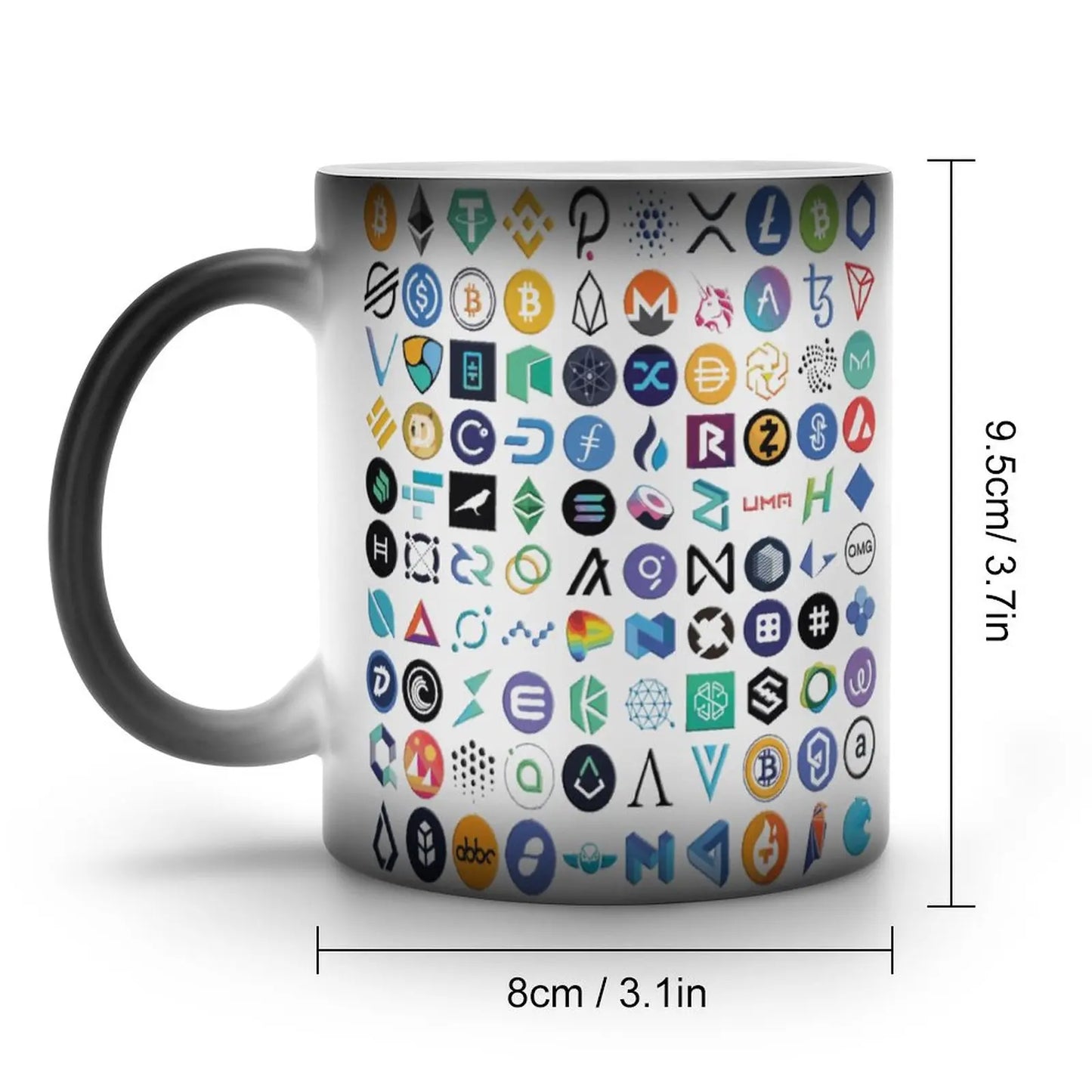 Taza con logotipos de criptomonedas Bitcoin Chainlink Token Crypto Geek Investor Cafe The 