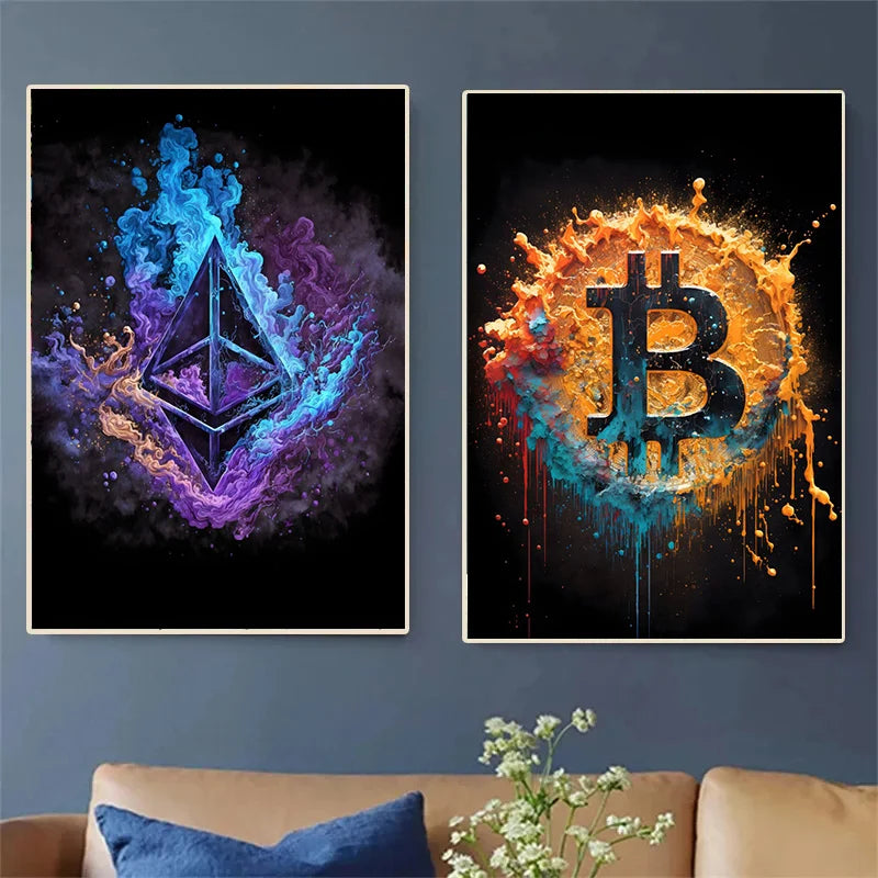 Modern Splatter Bitcoin Ethereum Poster ETH BTC Crypto Virtual Coins Canvas Painting Wall Art Prints Office Room Home Decor