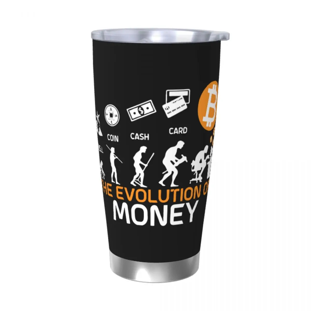 La evolución del dinero Vaso de Bitcoin Vasos de café con criptomonedas con aislamiento al vacío Botella de agua Tazas de viaje al aire libre