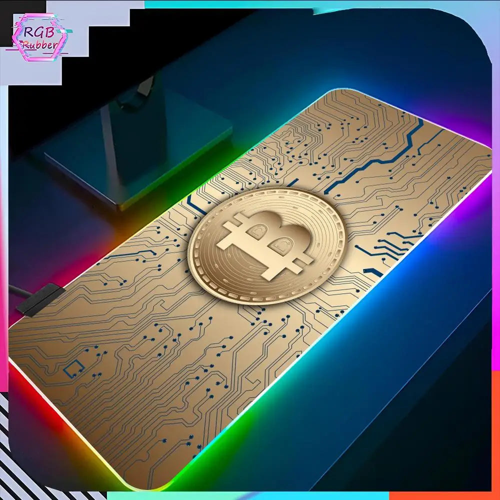 Bitcoin Logo Mouse Pad RGB Pc Accessories LED Game Desk Mat E-sport Table Protector Neon Keyboard Mat Backlit Carpet Rug Give gi