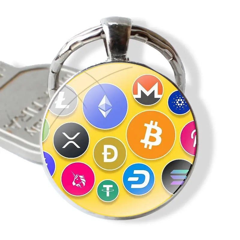 Keychain Handmade Glass Cabochon Key Ring Holder Pendant Key Chains Crypto Cryptocurrency Coins Altcoin Blockchain Logo