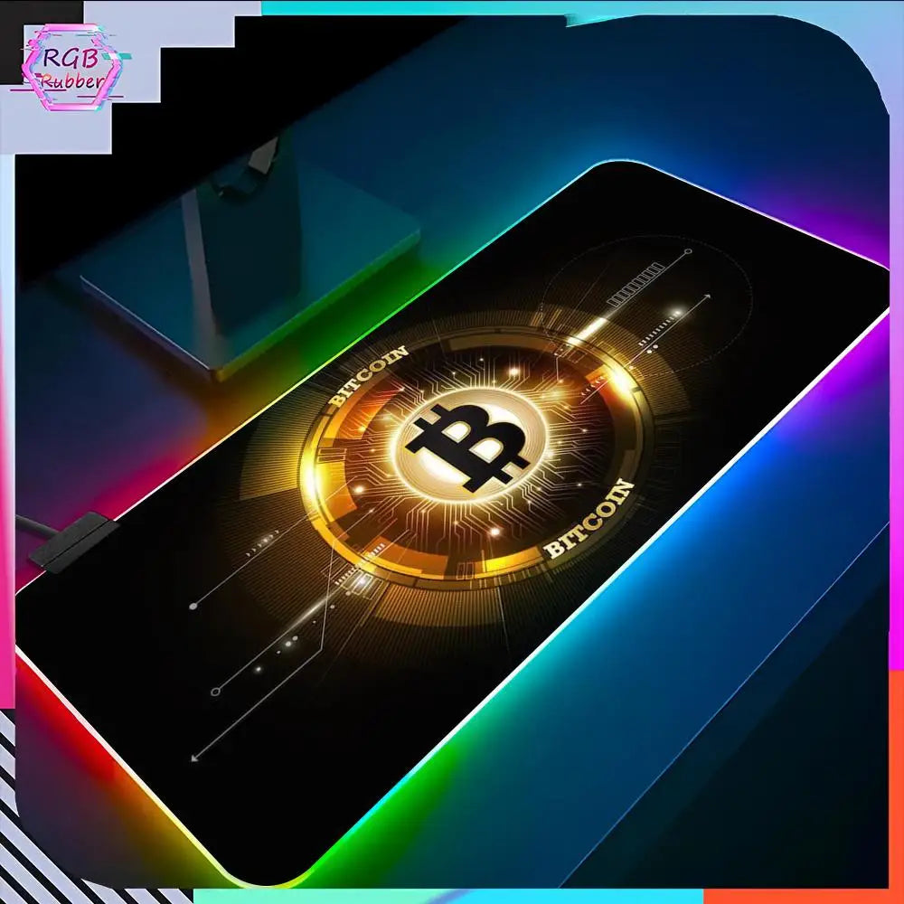 Bitcoin Logo Mouse Pad RGB Pc Accessories LED Game Desk Mat E-sport Table Protector Neon Keyboard Mat Backlit Carpet Rug Give gi