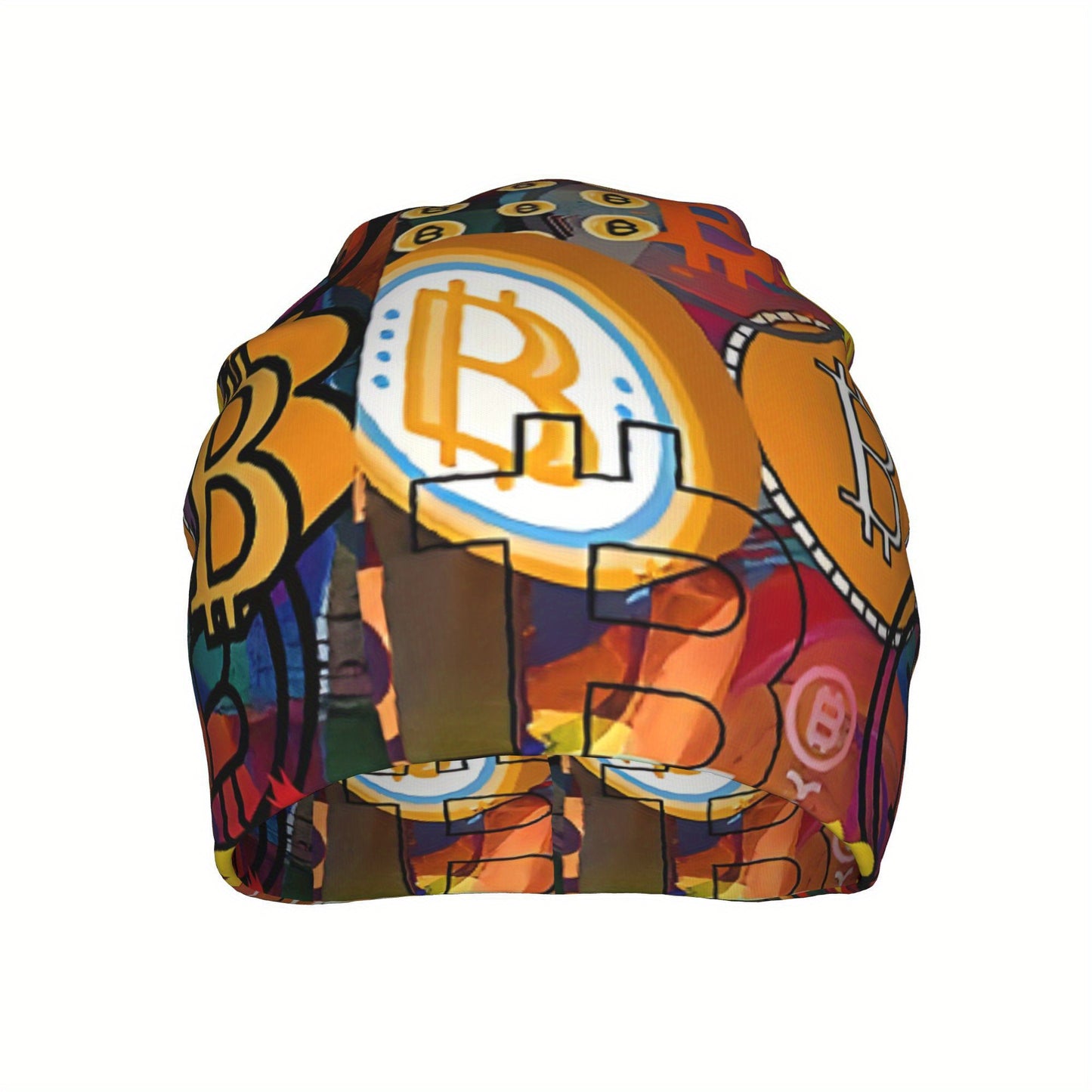 Vibrant Bitcoin Graffiti Beanie - Lightweight, Stretchy Knit Cap for Spring & Autumn, Hand-Washable, Colorful Crypto-Themed Design