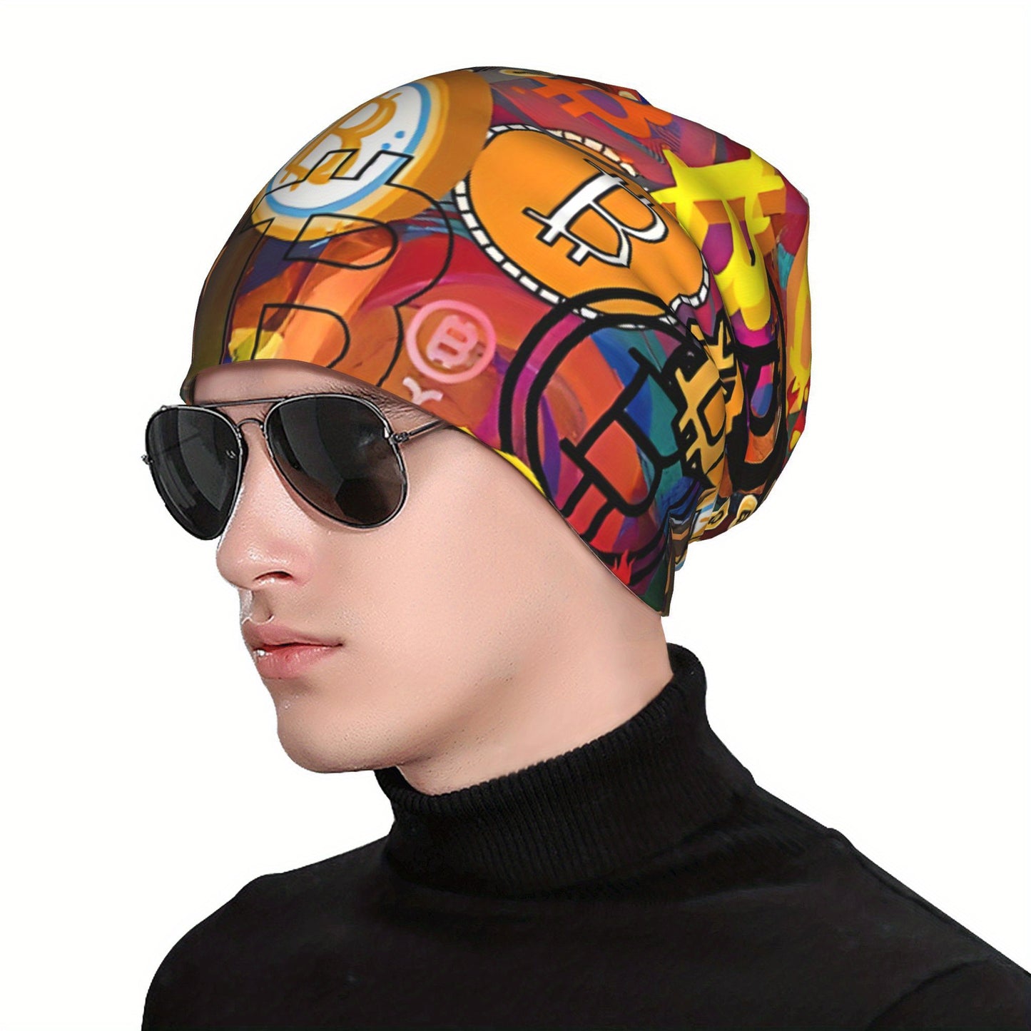 Vibrant Bitcoin Graffiti Beanie - Lightweight, Stretchy Knit Cap for Spring & Autumn, Hand-Washable, Colorful Crypto-Themed Design