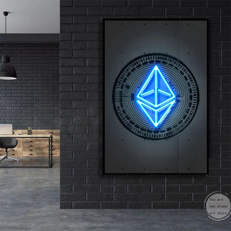 Affiche d'art moderne abstraite de style néon Bitcoin et Ethereum, peinture sur toile, impression murale, image pour salon, décoration de la maison, Cuadros 