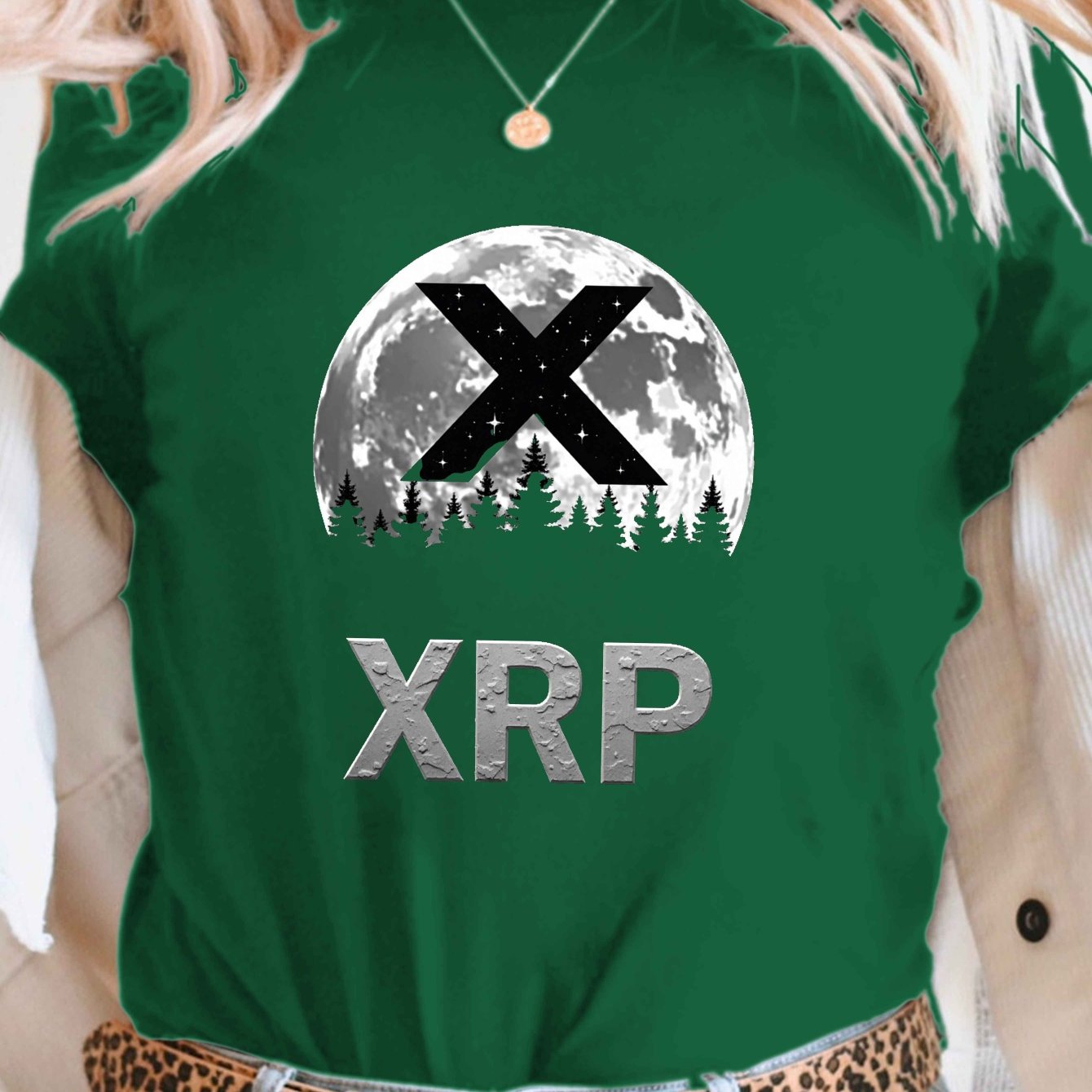 XRP Moon Design Print T-Shirt, Short Sleeve Crew Neck Casual Top for Summer & Spring, Women'S Clothing