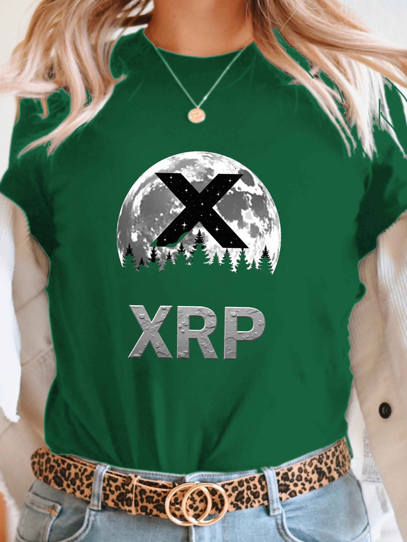 XRP Moon Design Print T-Shirt, Short Sleeve Crew Neck Casual Top for Summer & Spring, Women'S Clothing