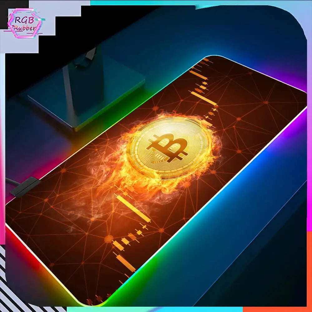 Bitcoin Logo Mouse Pad RGB Pc Accessories LED Game Desk Mat E-sport Table Protector Neon Keyboard Mat Backlit Carpet Rug Give gi