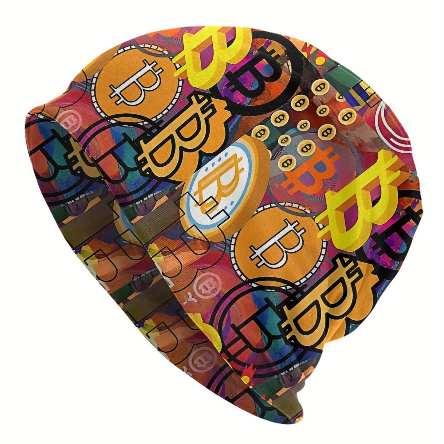 Vibrant Bitcoin Graffiti Beanie - Lightweight, Stretchy Knit Cap for Spring & Autumn, Hand-Washable, Colorful Crypto-Themed Design