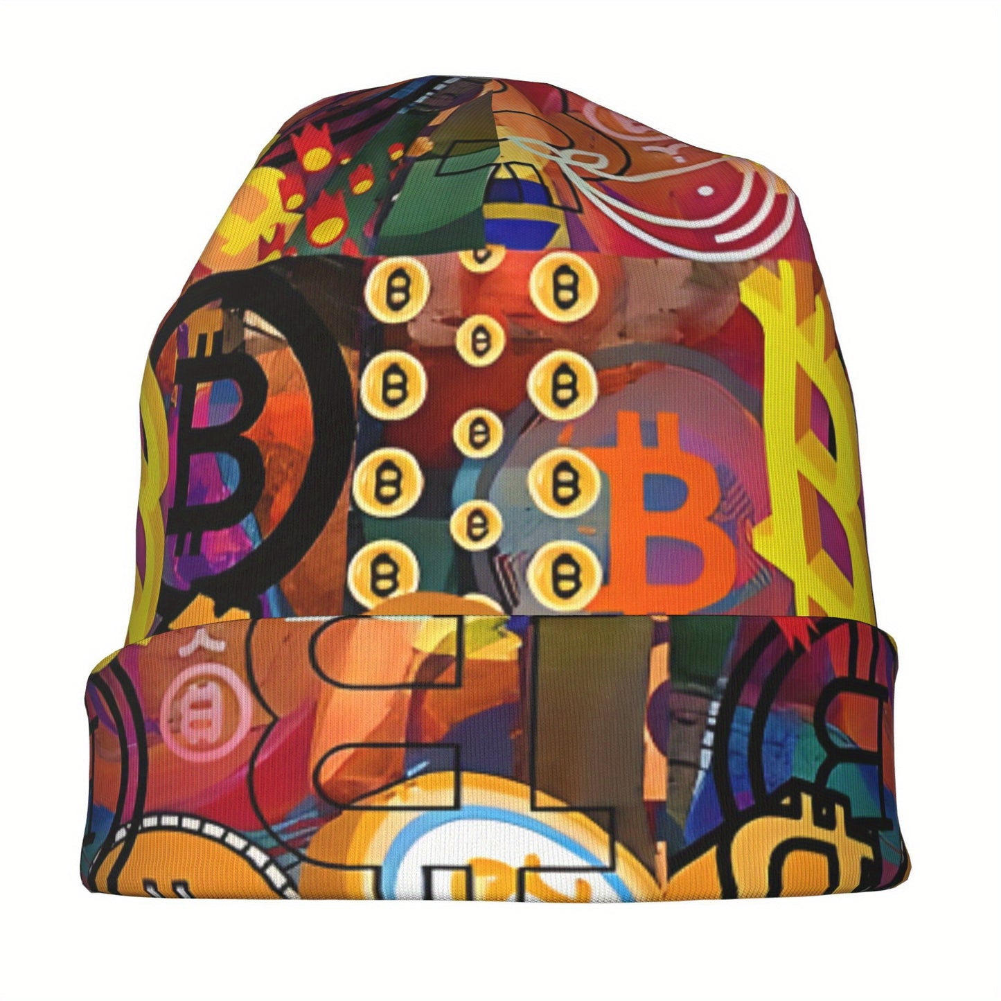 Vibrant Bitcoin Graffiti Beanie - Lightweight, Stretchy Knit Cap for Spring & Autumn, Hand-Washable, Colorful Crypto-Themed Design