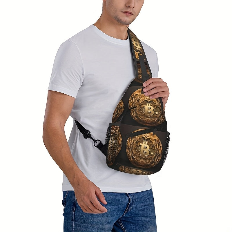 Men's Bitcoin Graphic Sling Bag - Adjustable Strap, Large Capacity, Polyester Fabric, Travel & Hiking Crossbody Pack with Mesh Side Pockets, Stylish Bitcoin Logo Design