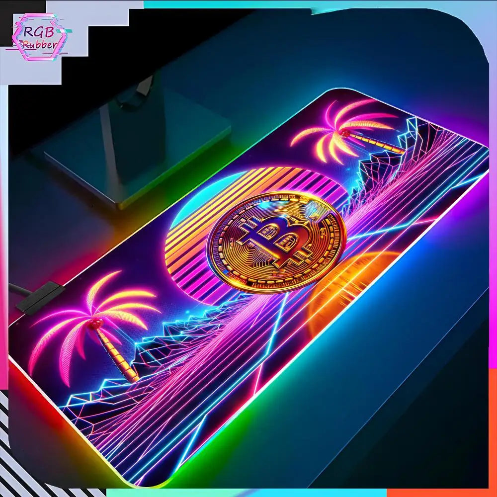 Bitcoin Logo Mouse Pad RGB Pc Accessories LED Game Desk Mat E-sport Table Protector Neon Keyboard Mat Backlit Carpet Rug Give gi