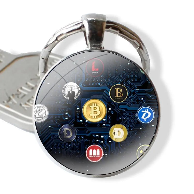 Keychain Handmade Glass Cabochon Key Ring Holder Pendant Key Chains Crypto Cryptocurrency Coins Altcoin Blockchain Logo