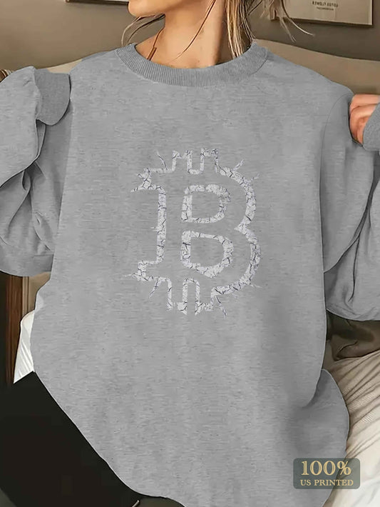 Women's Bitcoin Logo Sweatshirt - Green Crew Neck, 100% Polyester, Casual Fit, Machine Washable - Perfect for Fall/Winter, Crypto Enthusiast Gear|Crew Neck Sweatshirt|Smooth Texture