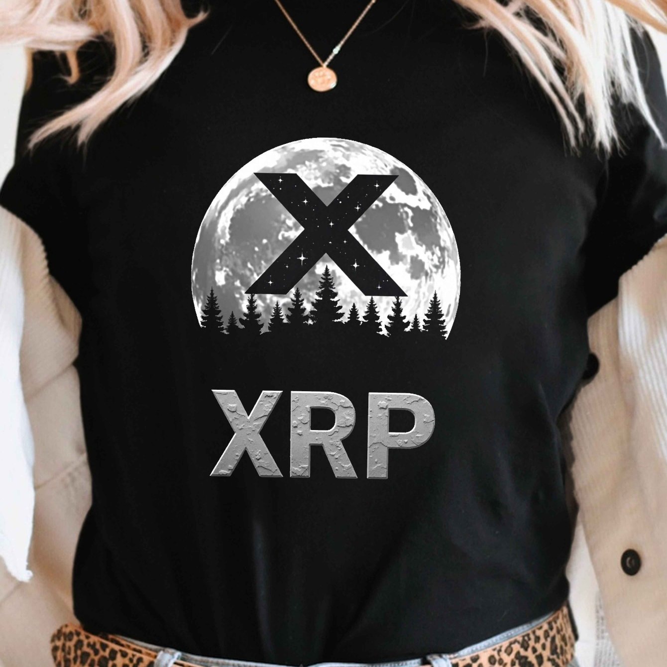 XRP Moon Design Print T-Shirt, Short Sleeve Crew Neck Casual Top for Summer & Spring, Women'S Clothing