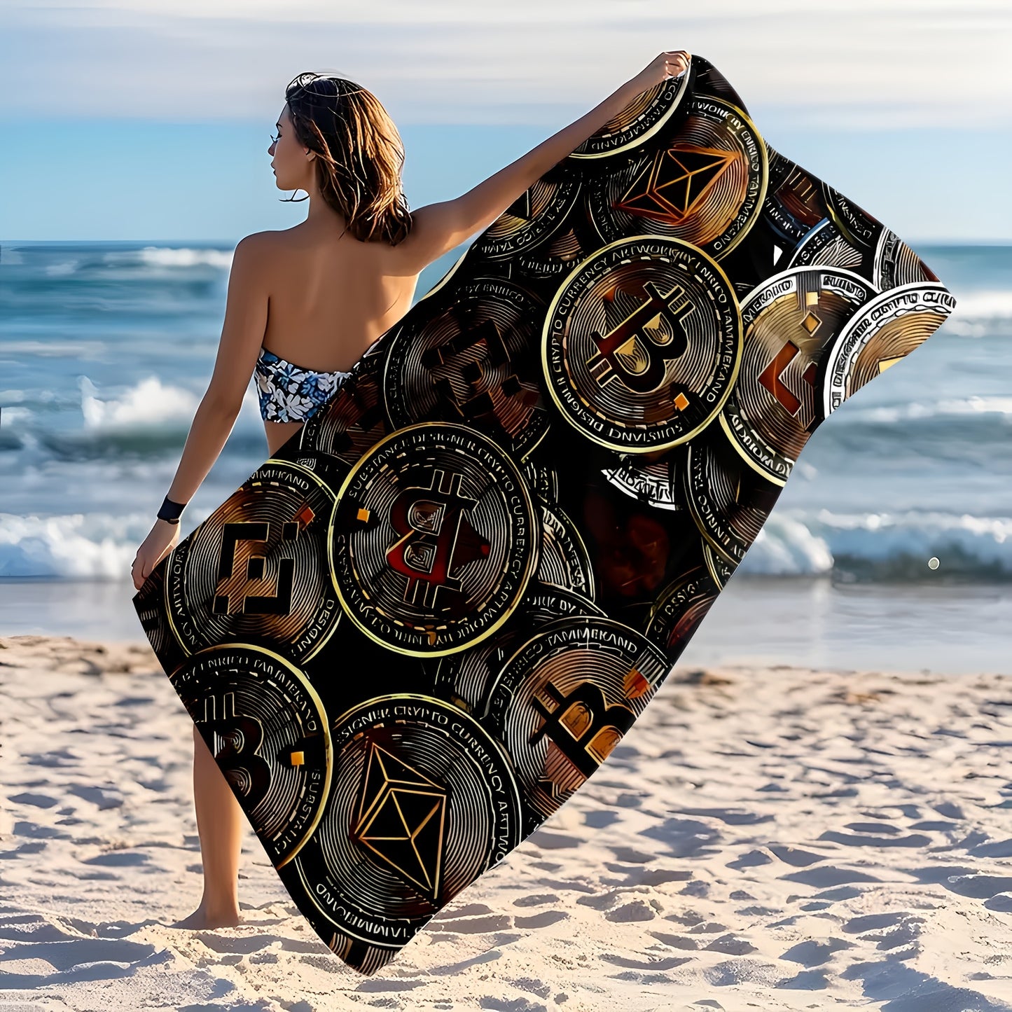 1pc Ultra-Absorbent Quick-Dry Microfiber Beach Towel with Stylish Cryptocurrency Pattern - Lightweight, Soft, and Machine Washable - Perfect for Beach, Pool, Camping, Travel, and Summer Essentials, Beach Essentials | Stylish