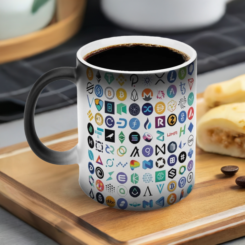 Taza con logotipos de criptomonedas Bitcoin Chainlink Token Crypto Geek Investor Cafe The 